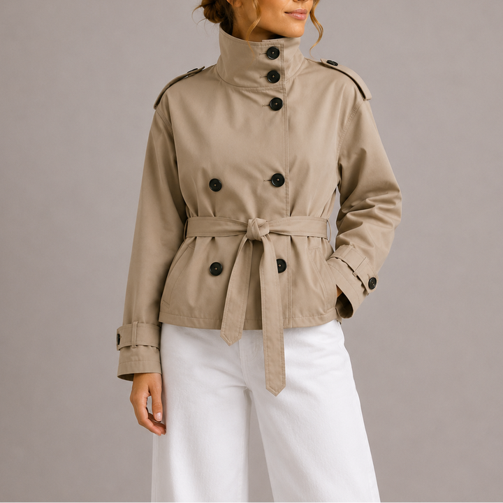 Womens Cropped Trench Jacket with Tie Waist and Double Breasted Design