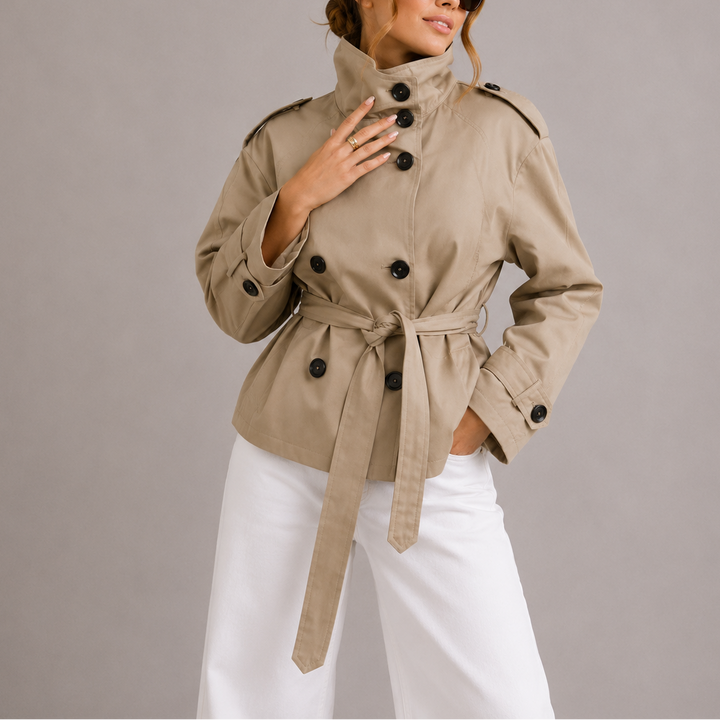 Womens Cropped Trench Jacket with Tie Waist and Double Breasted Design