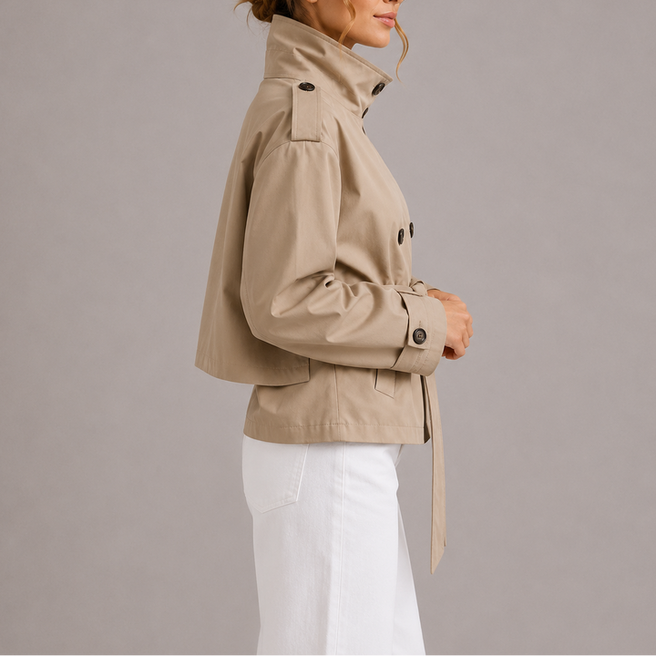 Womens Cropped Trench Jacket with Tie Waist and Double Breasted Design