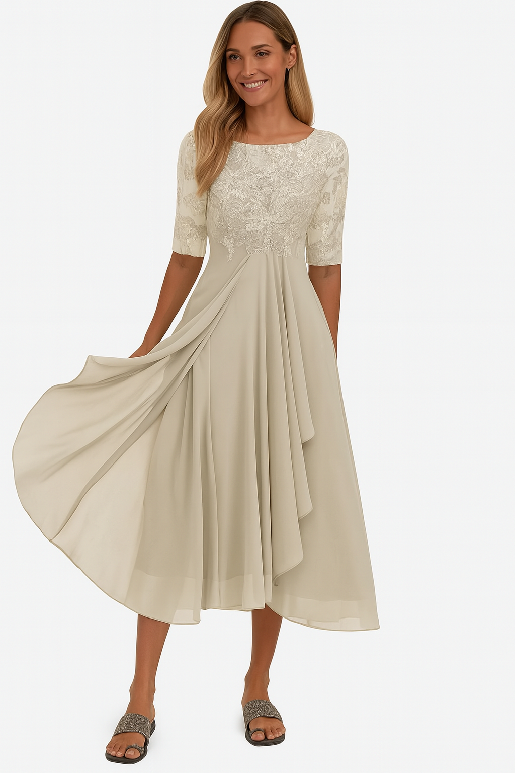 Womens Midi Dress with A Line Skirt Lace Detail and Short Sleeves