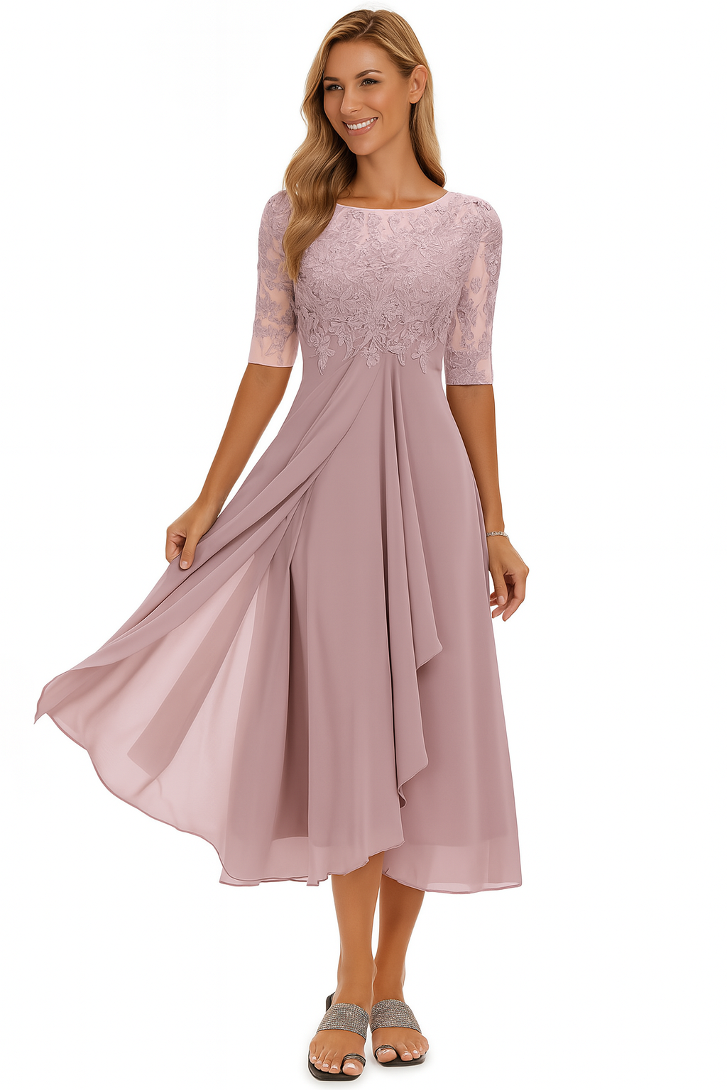 Womens Midi Dress with A Line Skirt Lace Detail and Short Sleeves