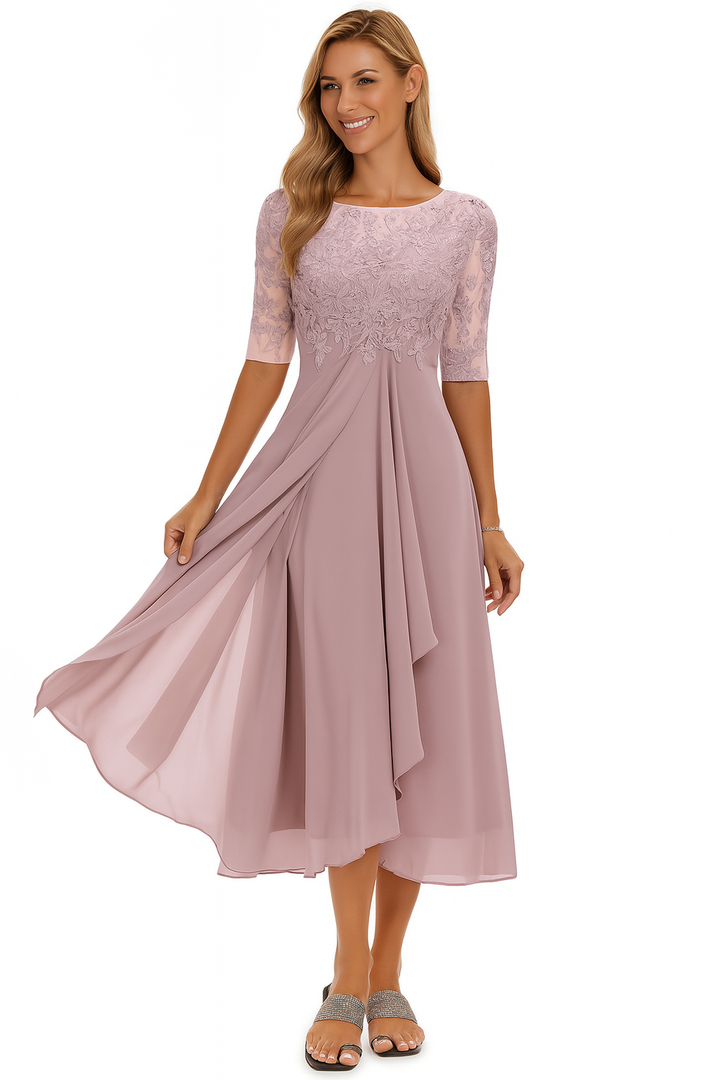 Womens Midi Dress with A Line Skirt Lace Detail and Short Sleeves