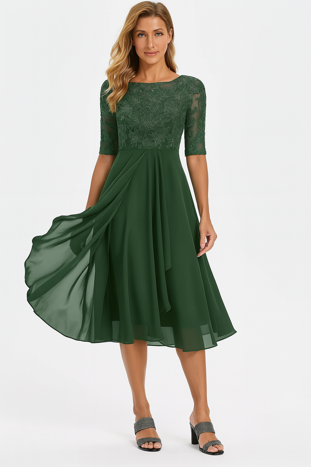 Womens Midi Dress with A Line Skirt Lace Detail and Short Sleeves