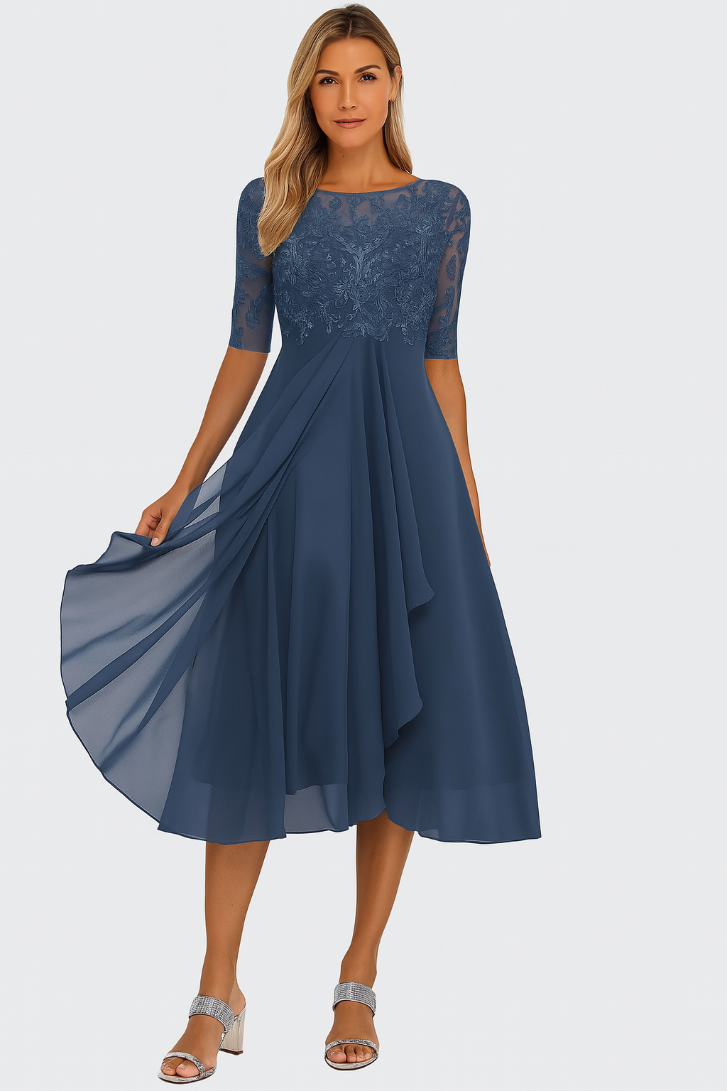 Womens Midi Dress with A Line Skirt Lace Detail and Short Sleeves