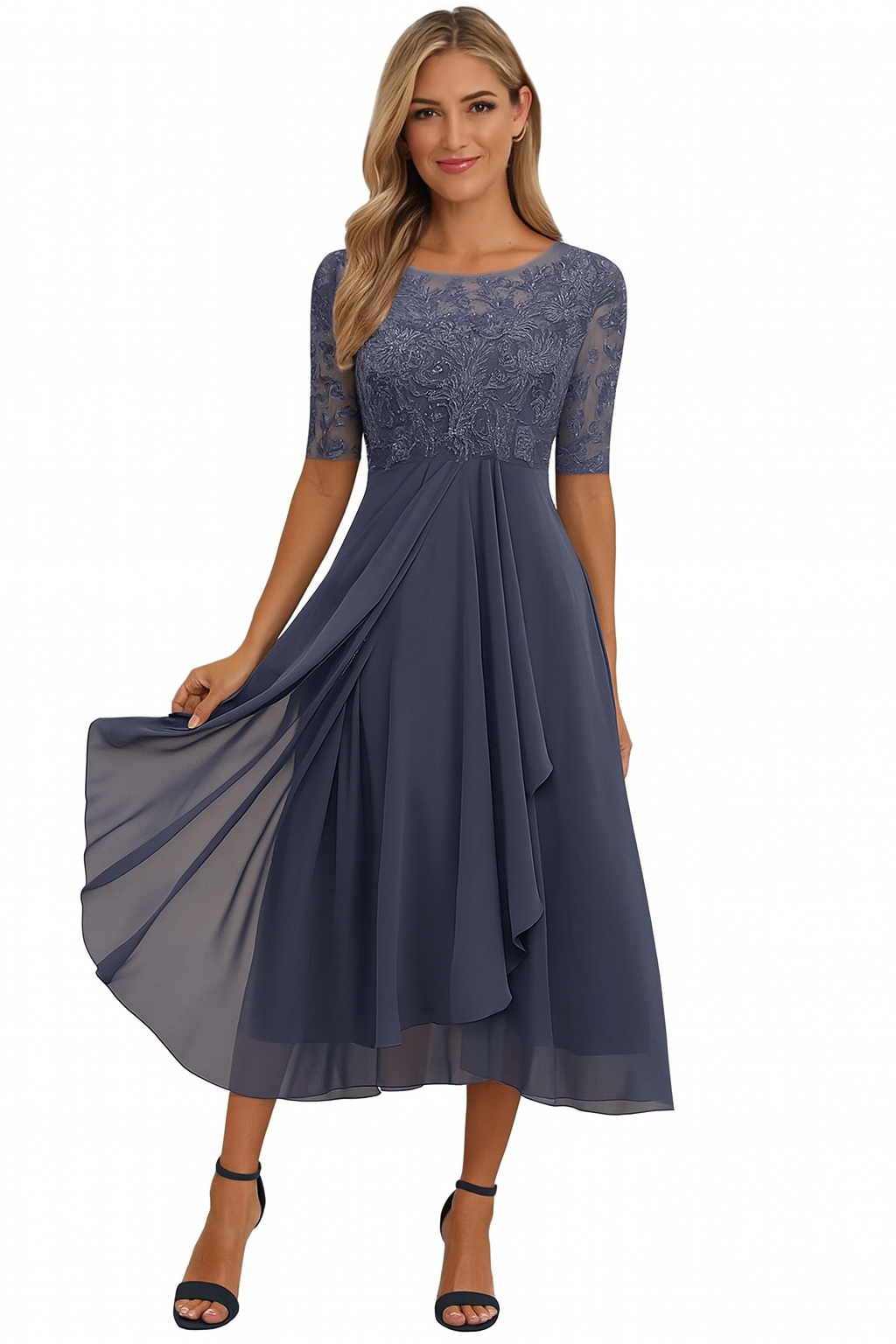 Womens Midi Dress with A Line Skirt Lace Detail and Short Sleeves