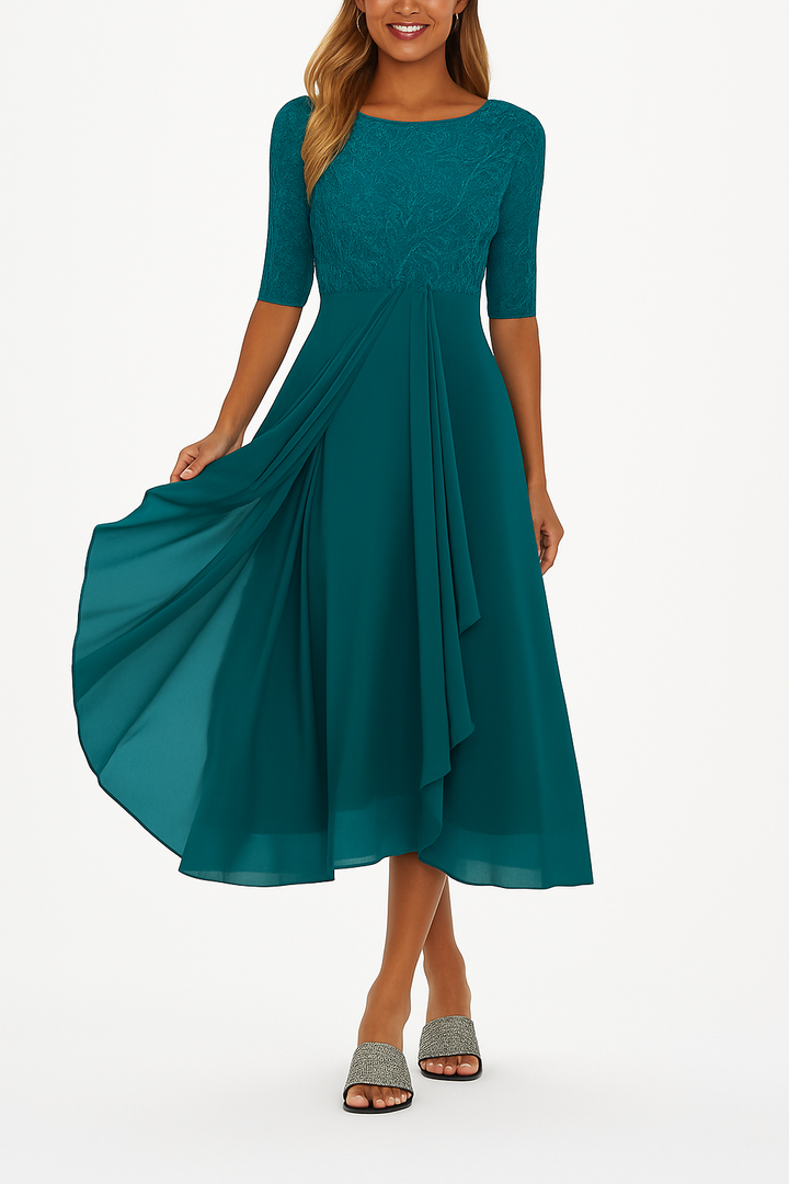 Womens Midi Dress with A Line Skirt Lace Detail and Short Sleeves