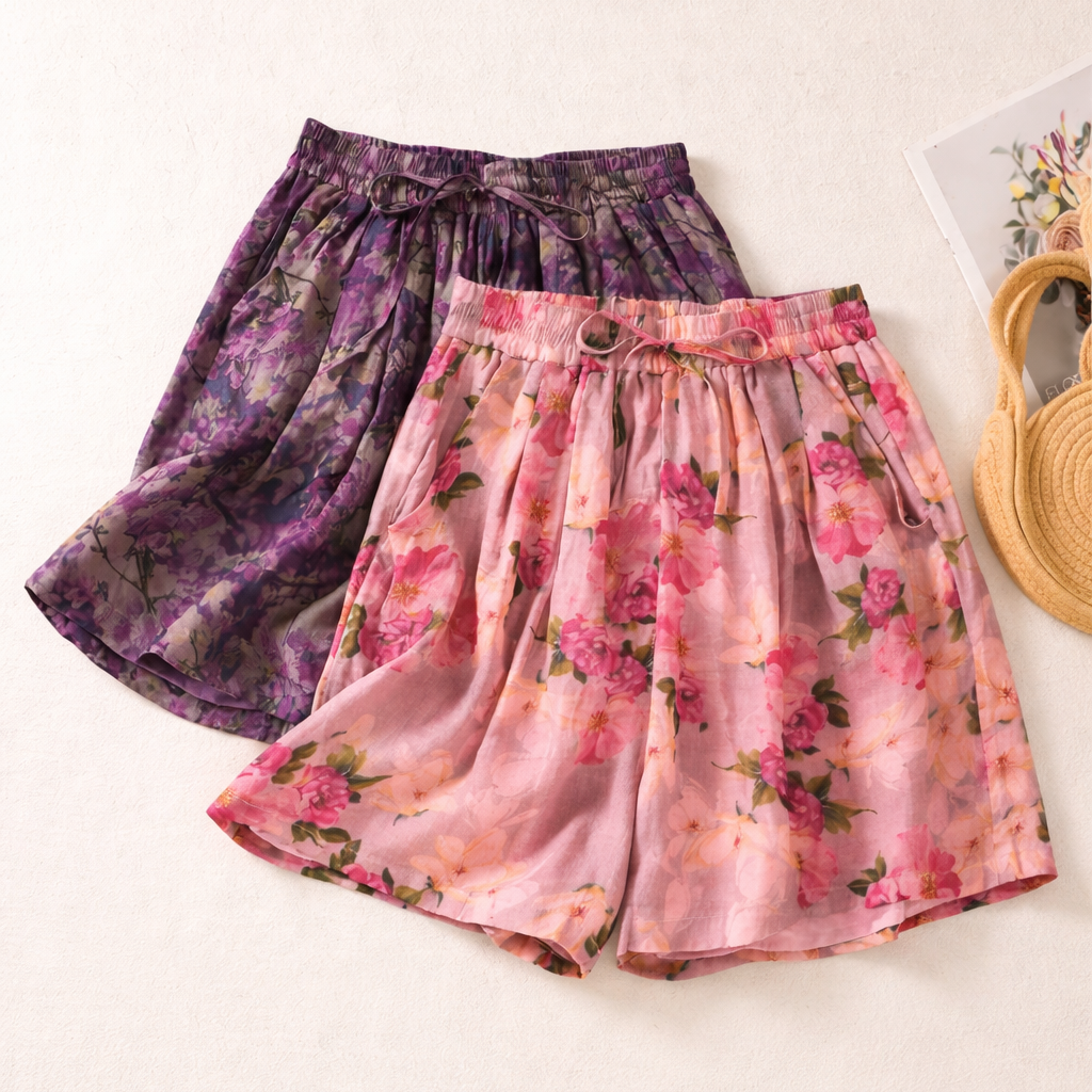 Shorts Floral Print High Waist Relaxed Fit Summer Style