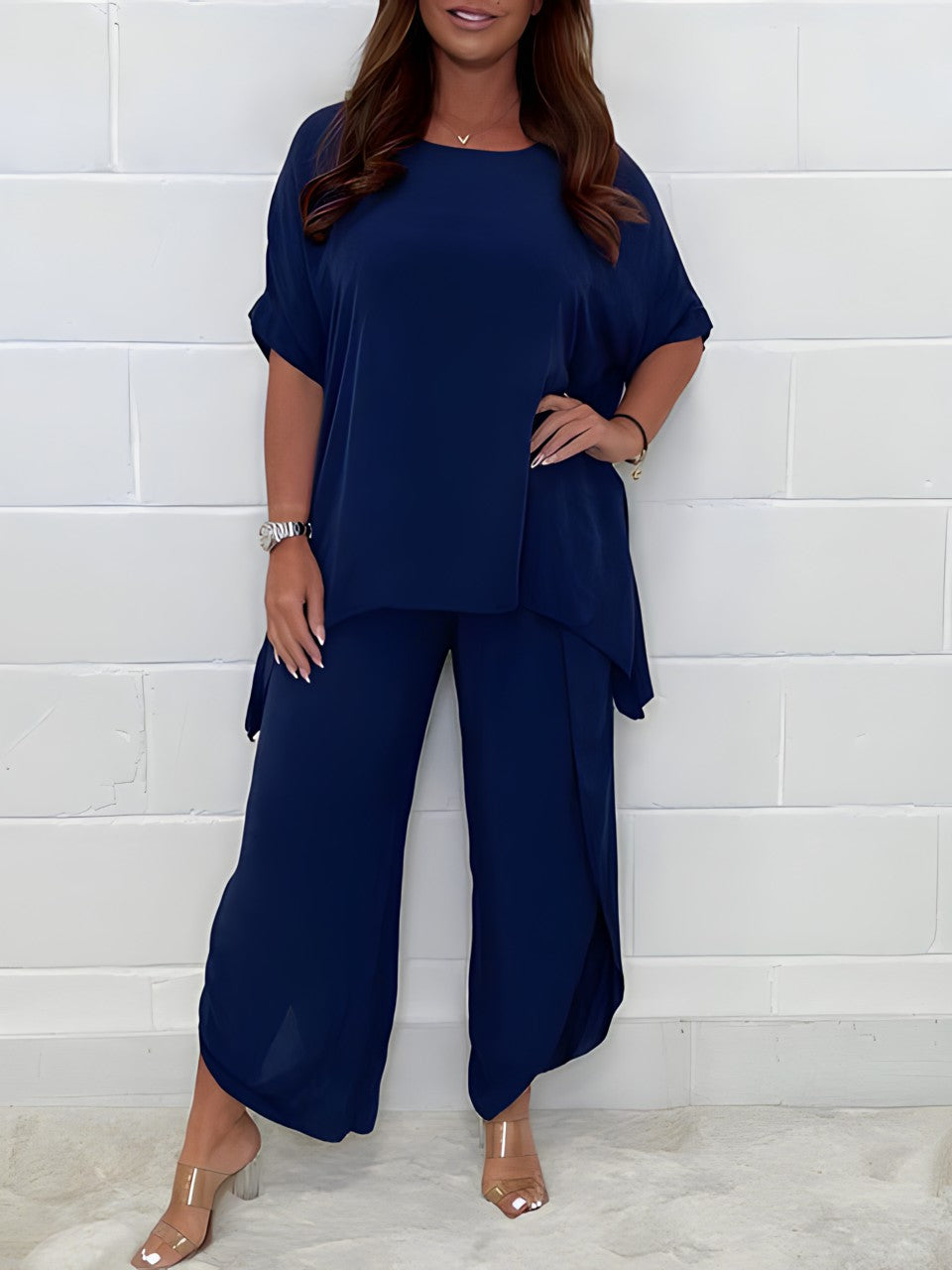 Two Piece Set Short Sleeve Top Cropped Wide Leg Trousers Casual Style