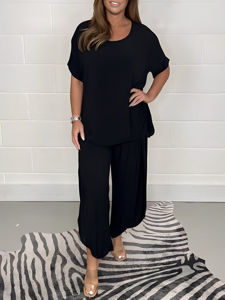 Two Piece Set Short Sleeve Top Cropped Wide Leg Trousers Casual Style
