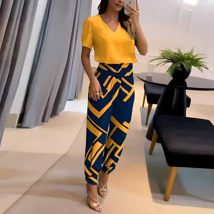 Two Piece Set V Neck Blouse Geometric Print Trousers Casual Chic Style