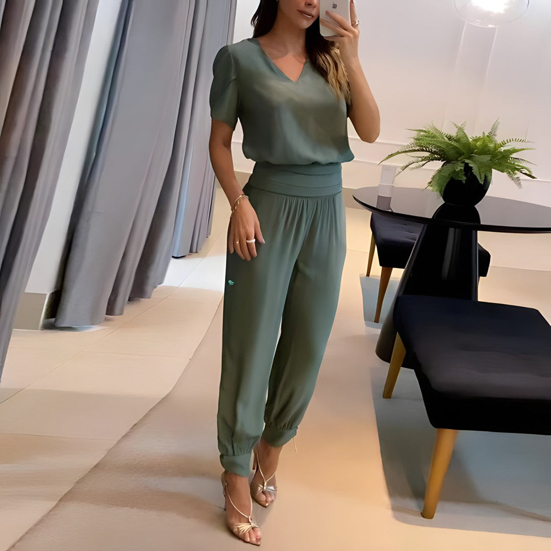 Two Piece Set V Neck Blouse Geometric Print Trousers Casual Chic Style