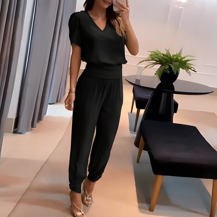Two Piece Set V Neck Blouse Geometric Print Trousers Casual Chic Style