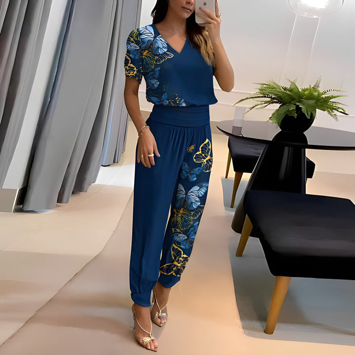 Two Piece Set V Neck Blouse Geometric Print Trousers Casual Chic Style