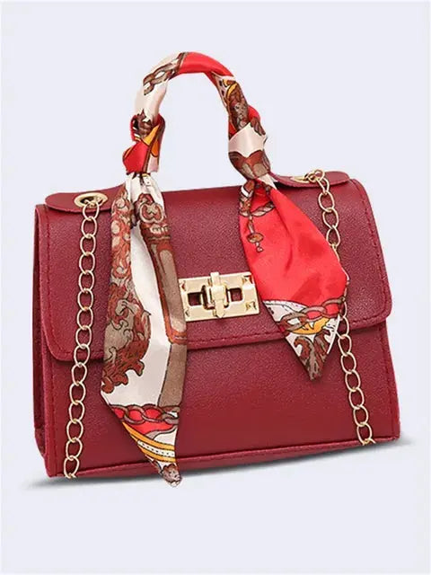 Top Handle Handbag with Scarf Handle and Chain Strap for Women