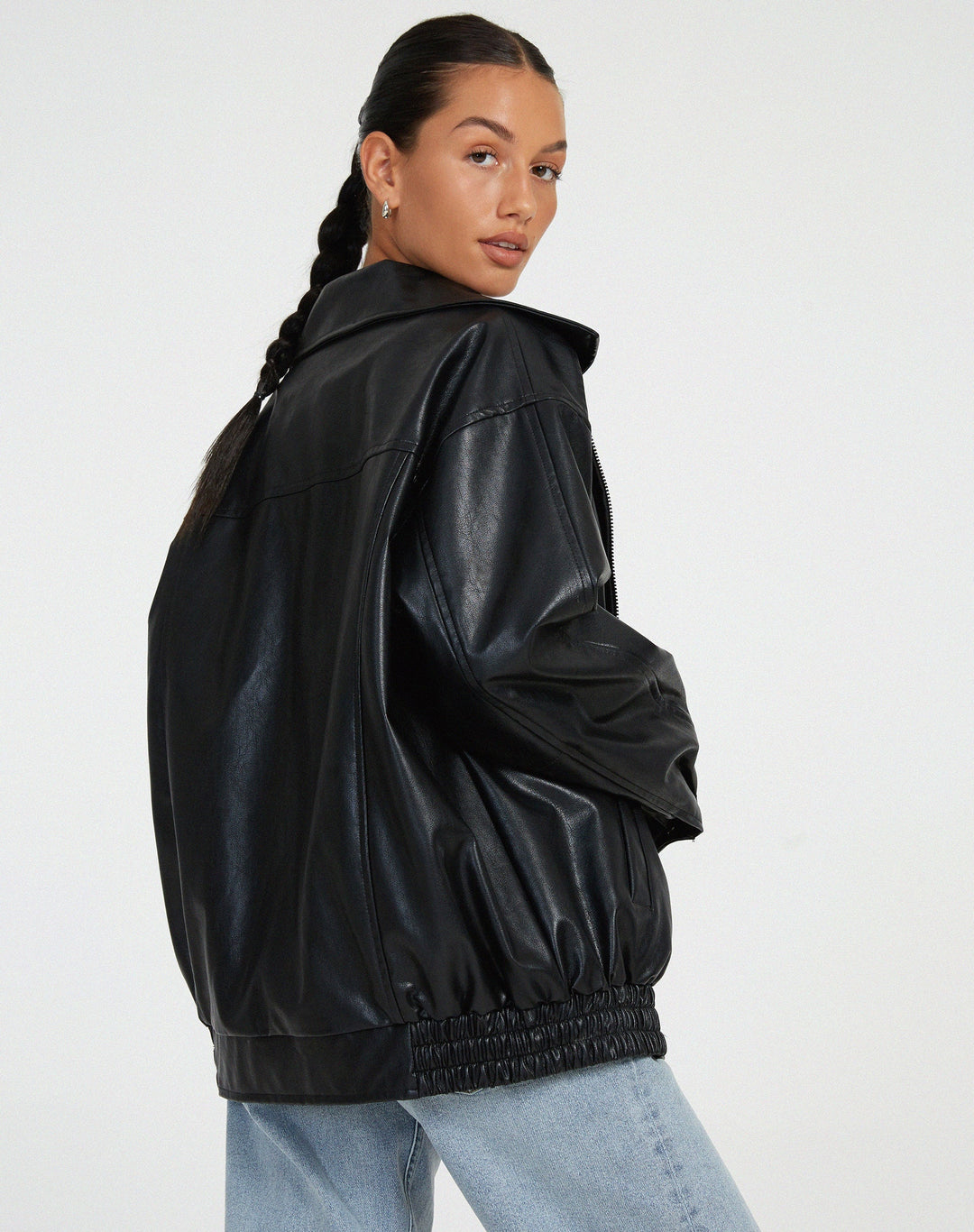Womens Oversized Faux Leather Jacket with Zip Front and Drop Shoulders