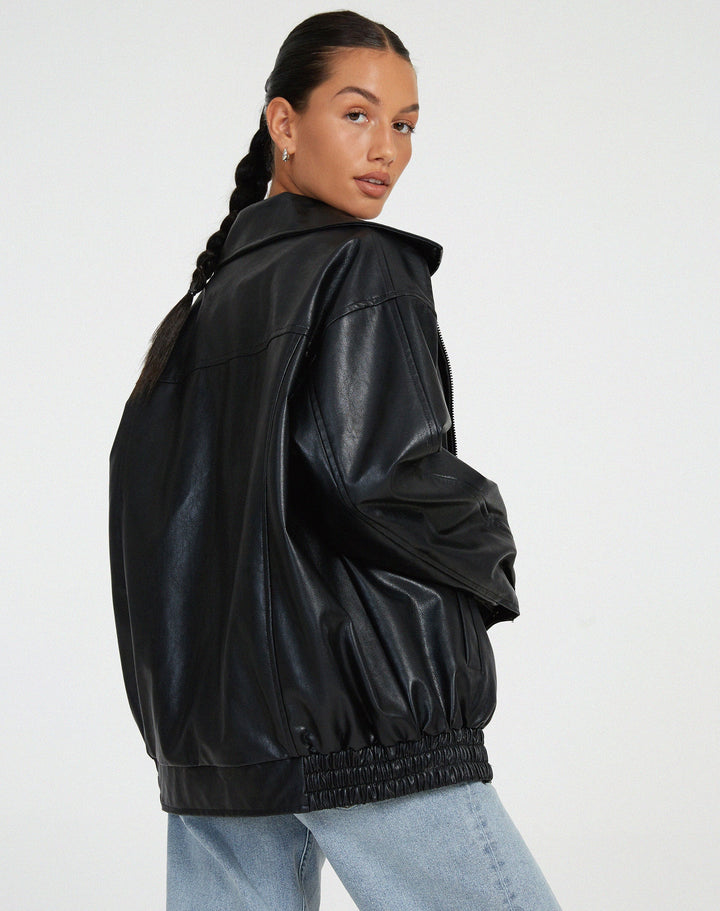 Womens Oversized Faux Leather Jacket with Zip Front and Drop Shoulders