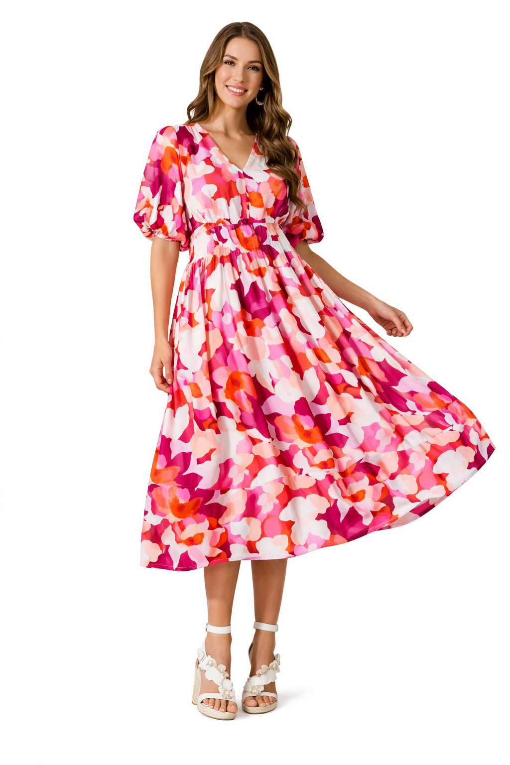 Long Floral Dress with V Neck and Long Sleeves