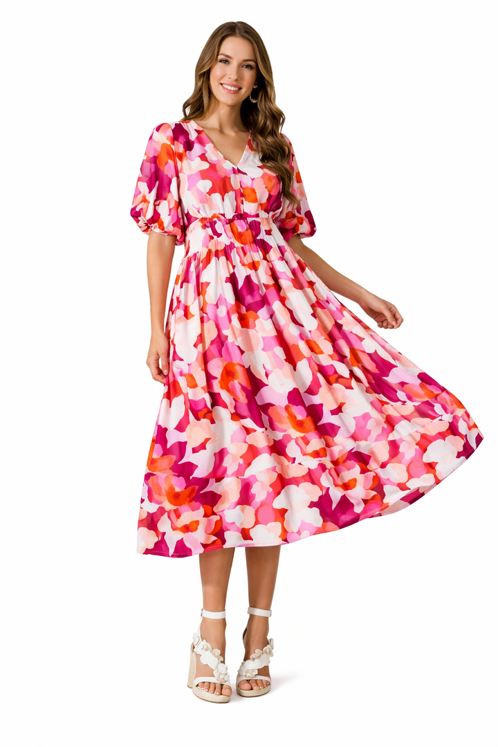 Long Floral Dress with V Neck and Long Sleeves