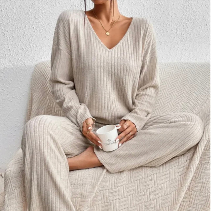 Two Piece Set Ribbed Knit V Neck Top Wide Leg Trousers Lounge Style