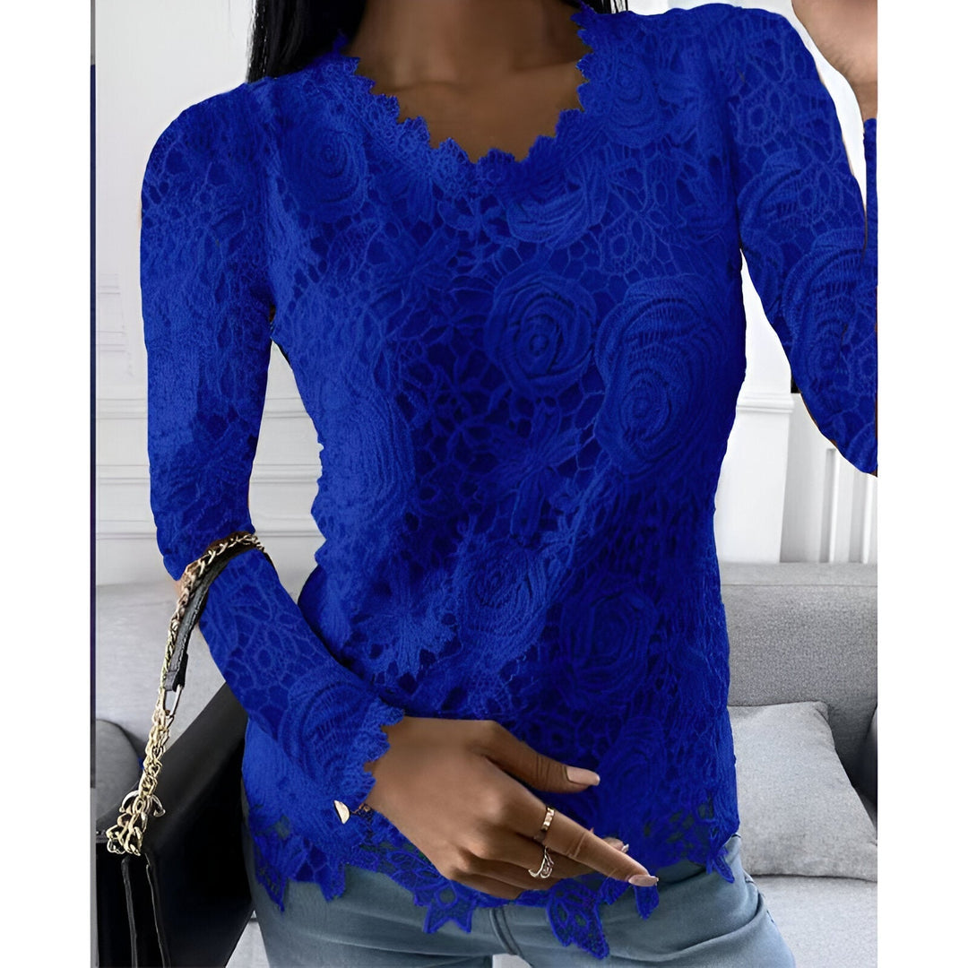 Blouse Round Neck Lace Detail Long Sleeve Elegant Style
