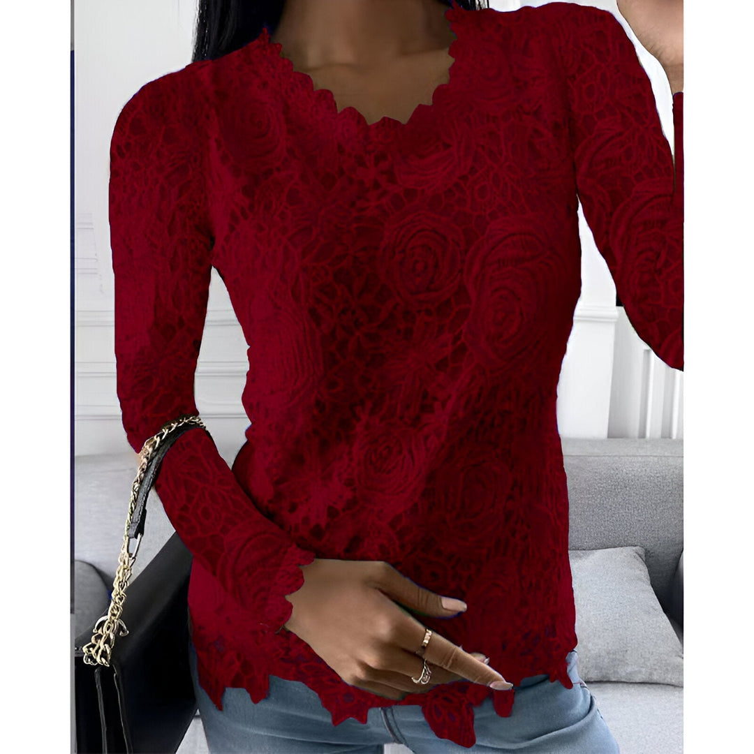 Blouse Round Neck Lace Detail Long Sleeve Elegant Style