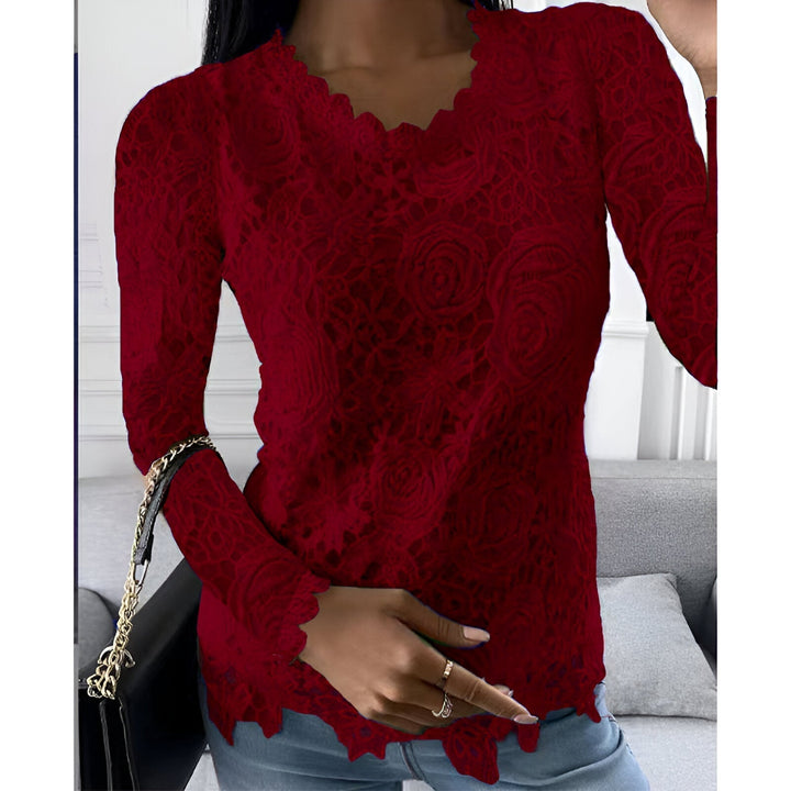 Blouse Round Neck Lace Detail Long Sleeve Elegant Style