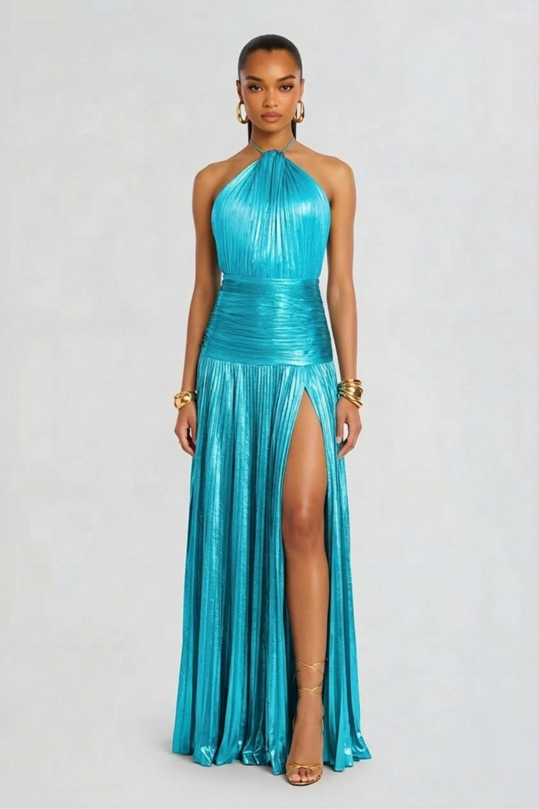 Long Halter Neck Dress for Women with Pleated Skirt and Open Back