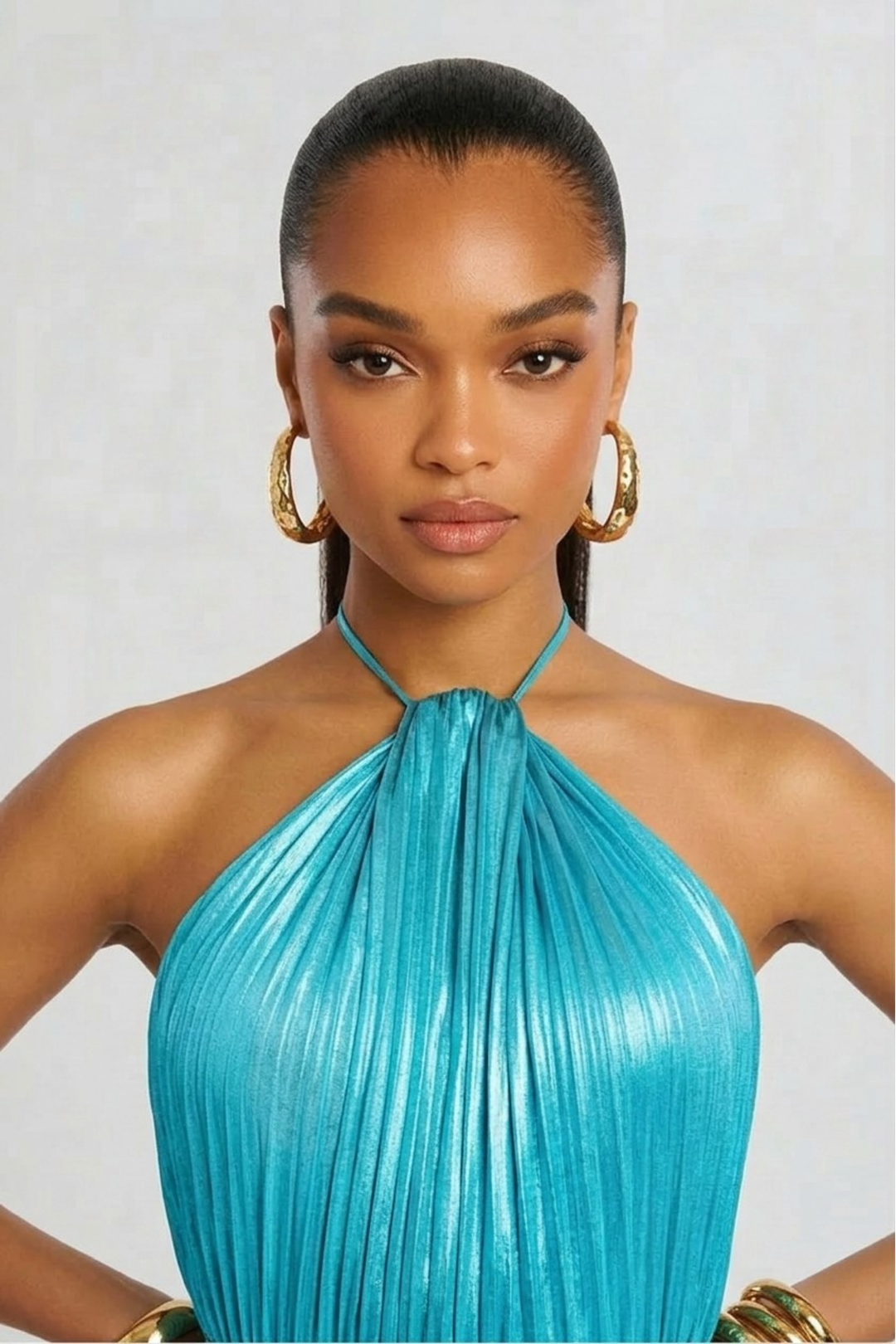 Long Halter Neck Dress for Women with Pleated Skirt and Open Back