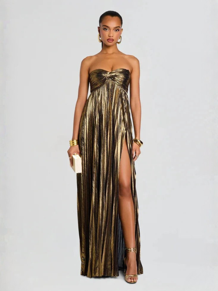 Long Strapless Dress for Women with Twisted Bodice and High Slit