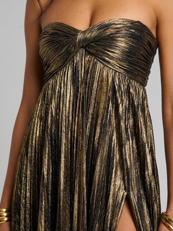 Long Strapless Dress for Women with Twisted Bodice and High Slit