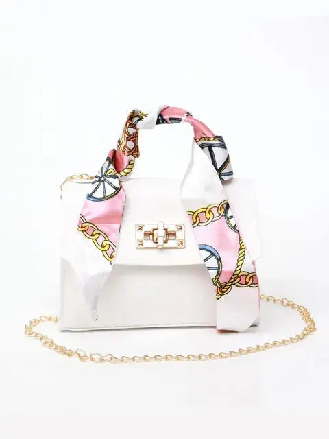 Top Handle Handbag with Scarf Handle and Chain Strap for Women