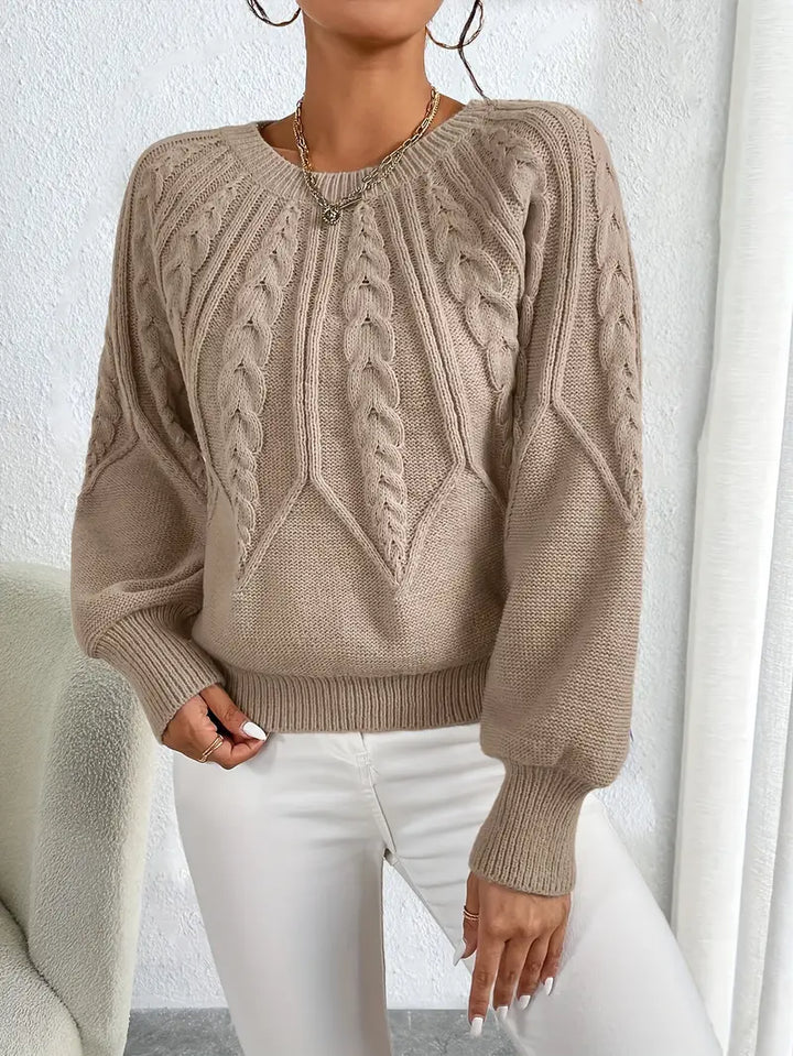 Womens Cable Knit Jumper with Round Neck and Balloon Sleeves