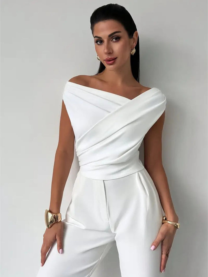 Top Off Shoulder Draped Detail Elegant Feminine Style