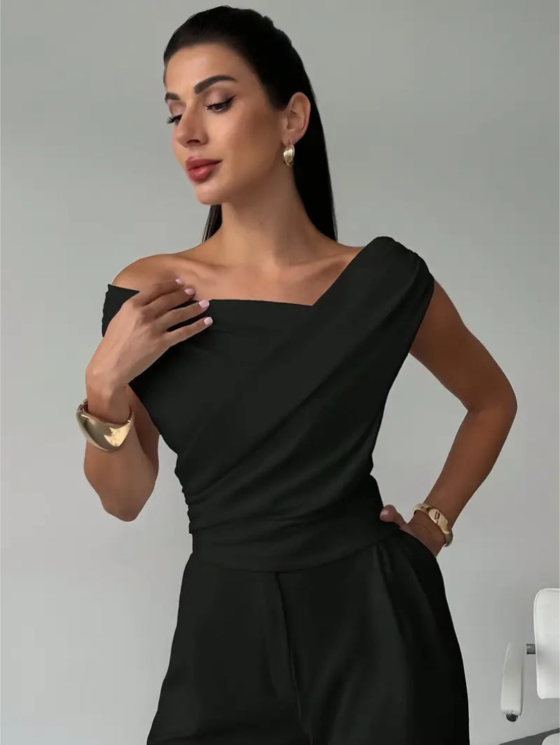 Top Off Shoulder Draped Detail Elegant Feminine Style