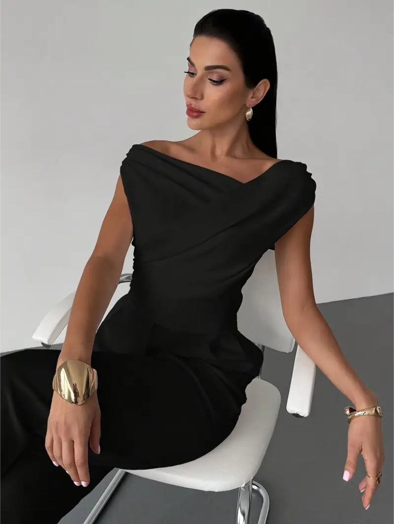 Top Off Shoulder Draped Detail Elegant Feminine Style