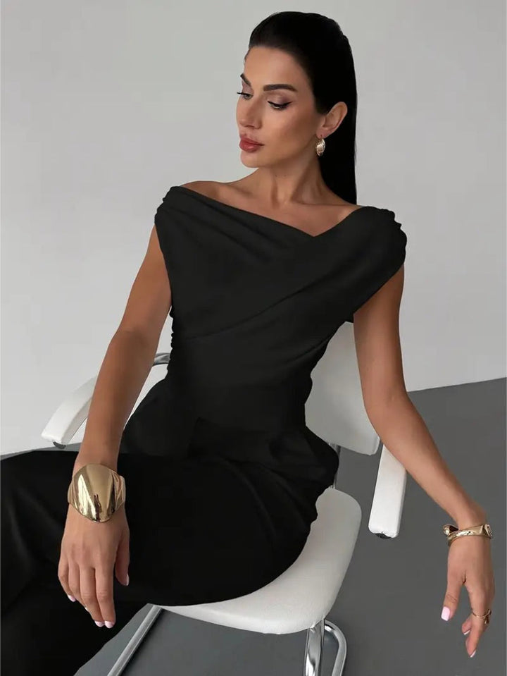 Top Off Shoulder Draped Detail Elegant Feminine Style