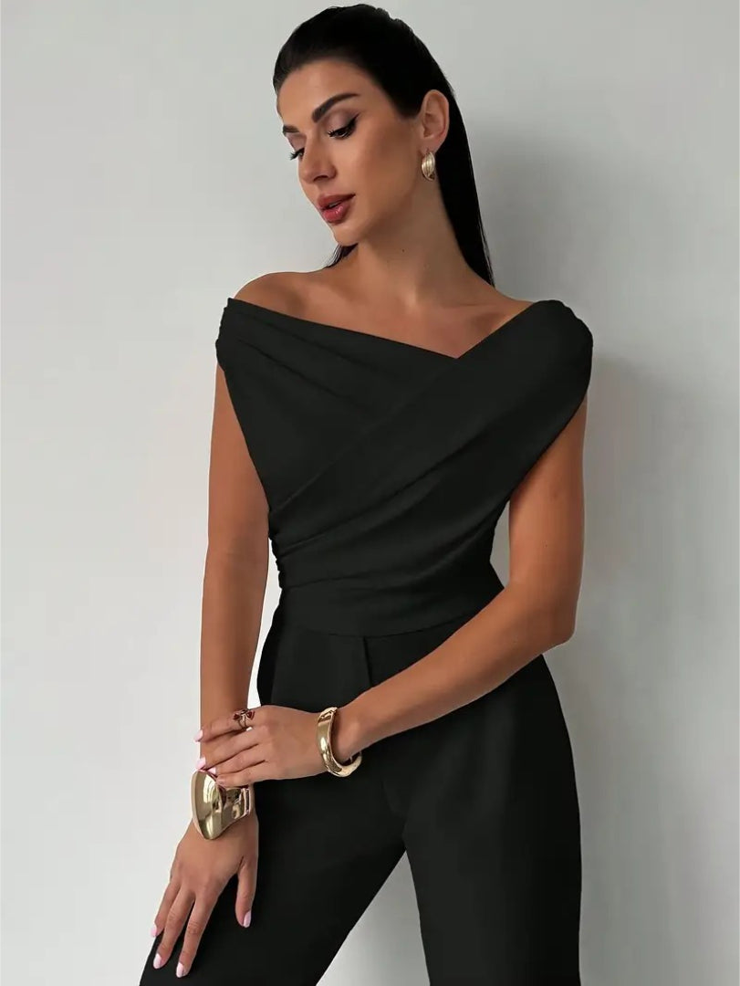 Top Off Shoulder Draped Detail Elegant Feminine Style