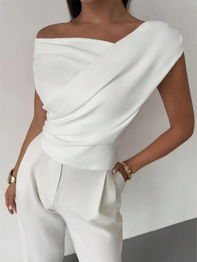 Top Off Shoulder Draped Detail Elegant Feminine Style