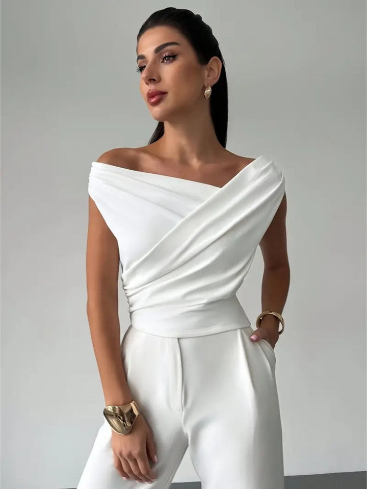 Top Off Shoulder Draped Detail Elegant Feminine Style
