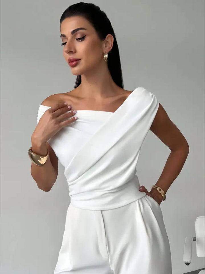Top Off Shoulder Draped Detail Elegant Feminine Style