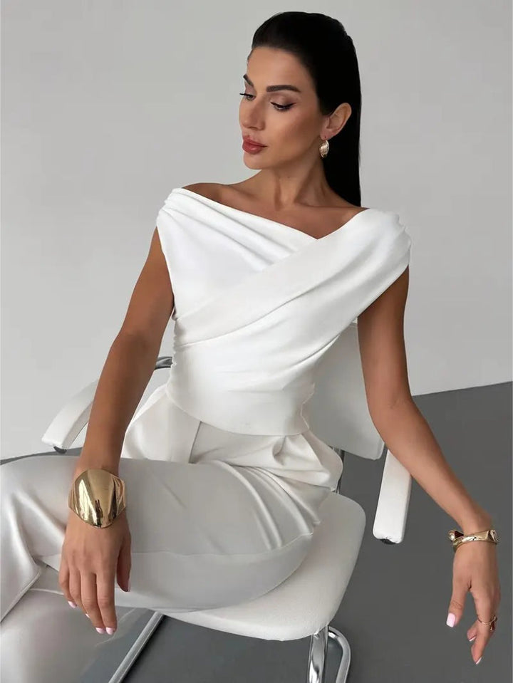 Top Off Shoulder Draped Detail Elegant Feminine Style