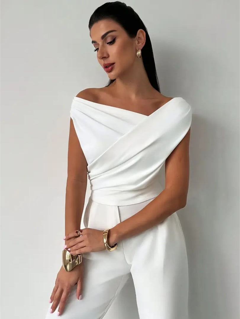 Top Off Shoulder Draped Detail Elegant Feminine Style