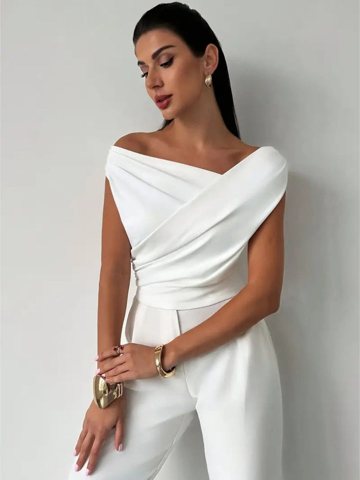 Top Off Shoulder Draped Detail Elegant Feminine Style