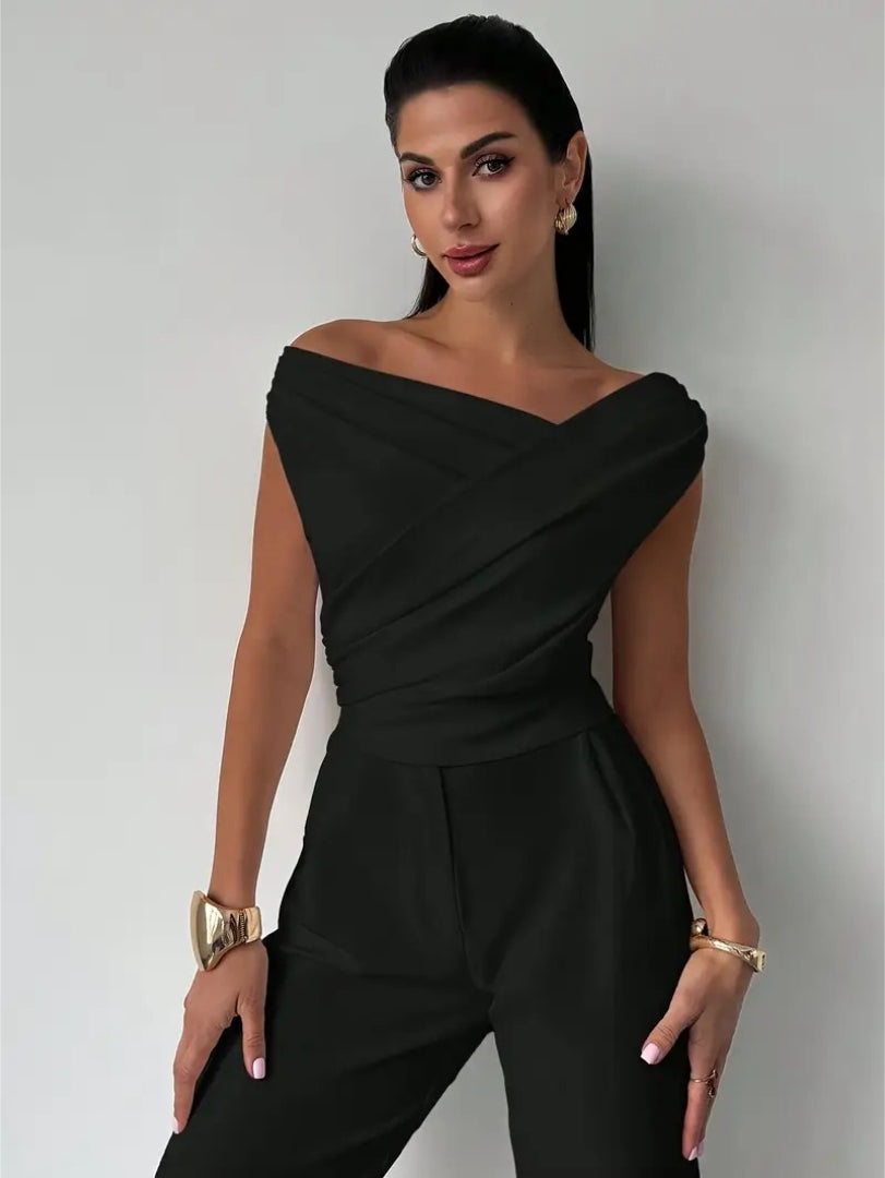 Top Off Shoulder Draped Detail Elegant Feminine Style