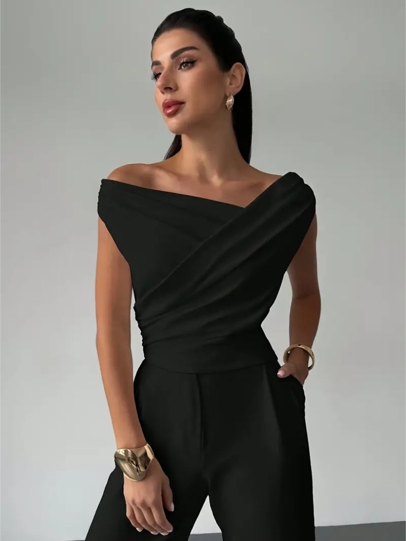 Top Off Shoulder Draped Detail Elegant Feminine Style