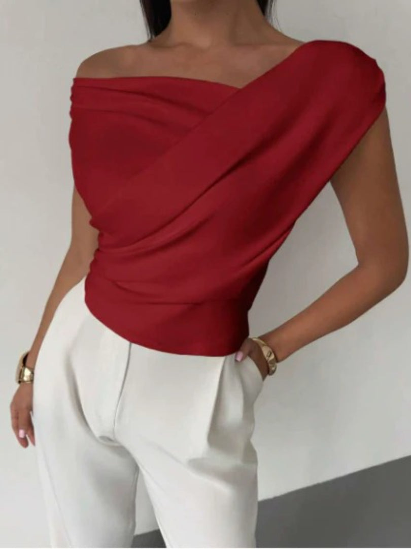 Top Off Shoulder Draped Detail Elegant Feminine Style