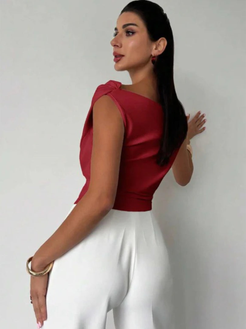Top Off Shoulder Draped Detail Elegant Feminine Style