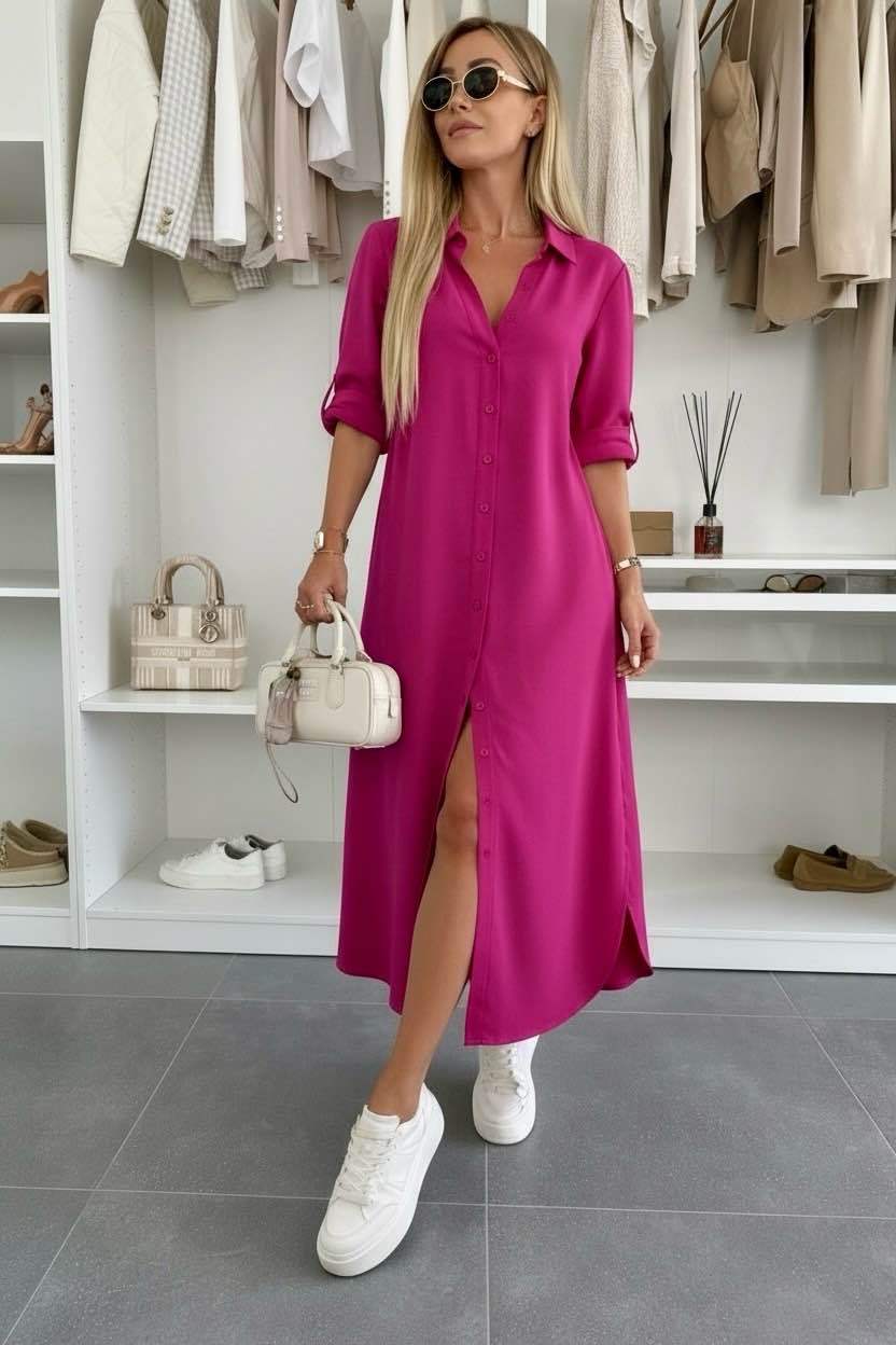 Button Midi Dress Elegant Relaxed Fit Timeless Feminine Style