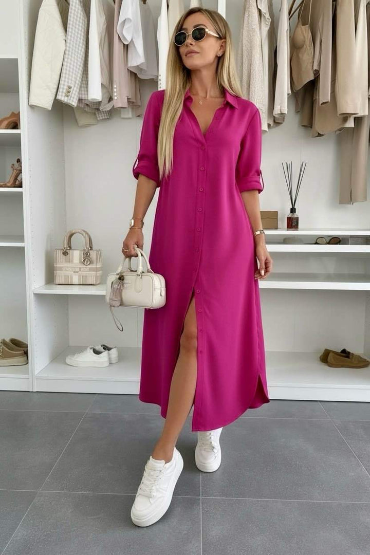 Button Midi Dress Elegant Relaxed Fit Timeless Feminine Style
