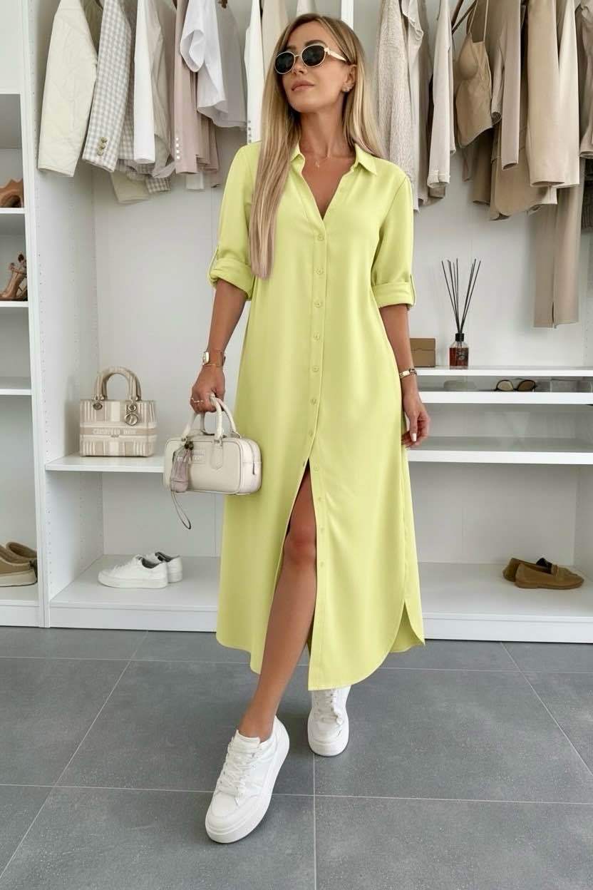 Button Midi Dress Elegant Relaxed Fit Timeless Feminine Style